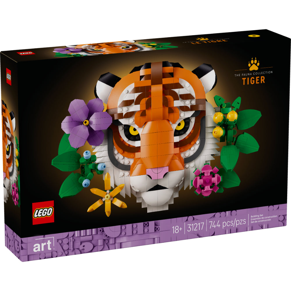 Set LEGO® Art Colección Fauna: Tigre (31217) mostrando un majestuoso tigre entre flores coloridas. Ideal como decoración para el hogar o regalo para amantes del arte y la naturaleza.