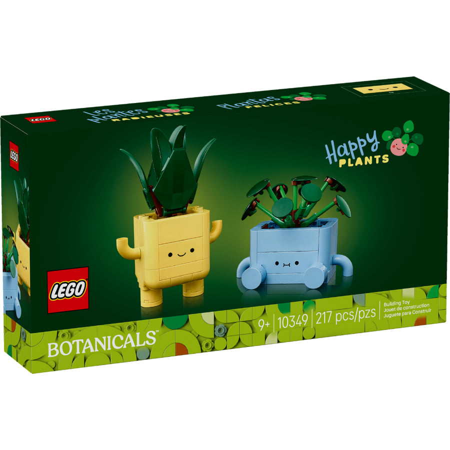 Set LEGO® Botanicals Plantas Felices (10349) con dos macetas de colores y plantas LEGO con rostros sonrientes intercambiables.