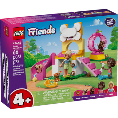 Set LEGO® Friends Parque de Aventuras para Cachorros (42665) con parque infantil, resbaladero, 3 perritos y minipersonajes Aliya y Sara para juego creativo.