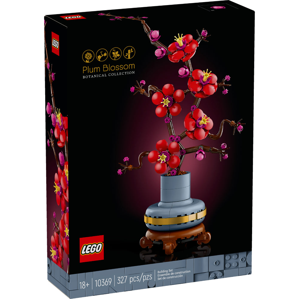 Set LEGO® Icons Flor de Ciruelo con flores rojas y magentas en maceta azul pastel, colección Botanical para adultos