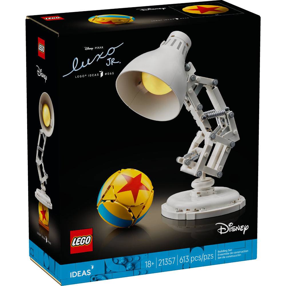 Caja del set LEGO® Ideas | Disney Pixar Luxo Jr. (21357) que muestra el icónico personaje de la lámpara Luxo Jr. con su pelota amarilla y azul de Pixar. El modelo articulado permite recrear los movimientos del cortometraje original e incluye sorpresas inspiradas en películas de Pixar como Up, Toy Story, Ratatouille y Monsters, Inc. Ideal para construir, exhibir y coleccionar.