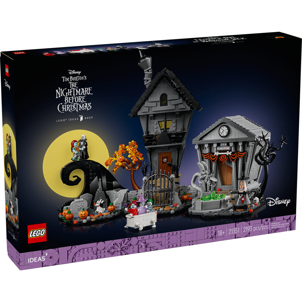 Caja del set LEGO® Ideas Disney Tim Burton: El Extraño Mundo de Jack (21351). Diorama para adultos con 3 escenarios conectables: la Colina Espiral, la casa de Jack Skellington y el ayuntamiento de Halloween. Incluye 8 personajes: Jack, Sally, Santa Atroz, Lock, Shock, Barrel, el perro Zero y el Alcalde con dos caras. Modelo decorativo de 2193 piezas inspirado en la película clásica de Tim Burton.