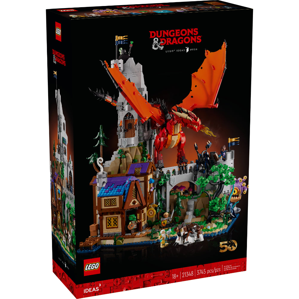 Set LEGO® Ideas Dungeons & Dragons: Aventura del Dragón Rojo 21348 para adultos, con una taberna, torre y mazmorra, minifiguras de héroes y criaturas míticas, y una figura articulada del dragón rojo Rugido de Ceniza envolviendo la torre.