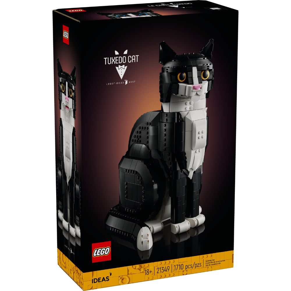 Modelo LEGO® Ideas Gato Bicolor 21349 para adultos, un gato blanco y negro articulado con opciones de ojos amarillos o azules, boca abierta o cerrada, ideal como pieza decorativa o regalo para amantes de los animales.