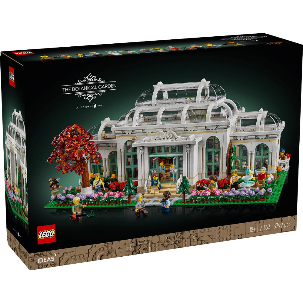 Caja del set LEGO® Ideas Jardín Botánico (21353): invernadero victoriano con 3 atrios desmontables (escalera de caracol, jardín desértico y cafetería), jardines exteriores con más de 35 especies, 12 minifiguras y figuras de animales. Modelo de exhibición para adultos de 3792 piezas.