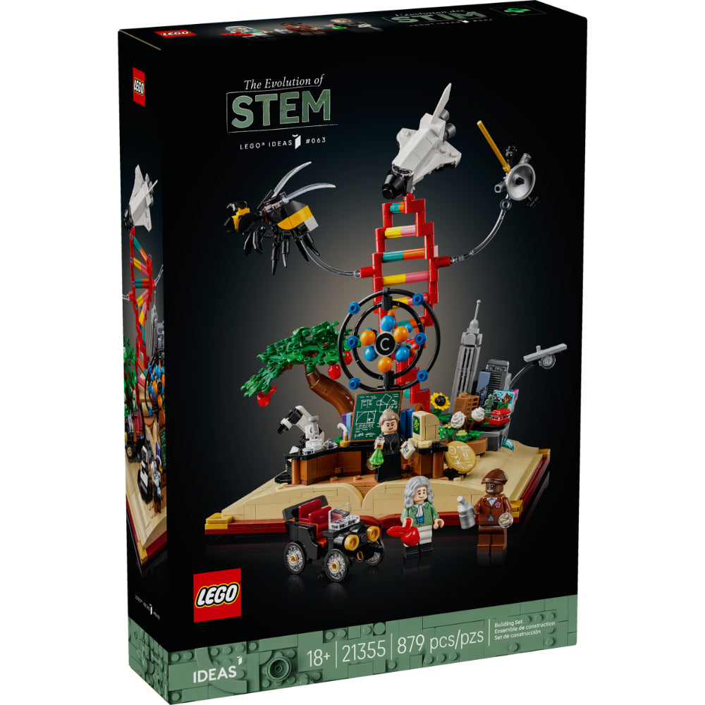 Caja del set LEGO® Ideas La Evolución de STEM (21355) con un modelo en forma de libro abierto que representa los hitos de la ciencia, la tecnología, la ingeniería y las matemáticas. Incluye minimodelos como la sonda Voyager de la NASA, un átomo de carbono giratorio, una cadena de ADN y figuras de Marie Curie, Isaac Newton y George Washington Carver. Un set educativo y decorativo con 879 piezas ideal para adultos amantes de la ciencia y la historia.