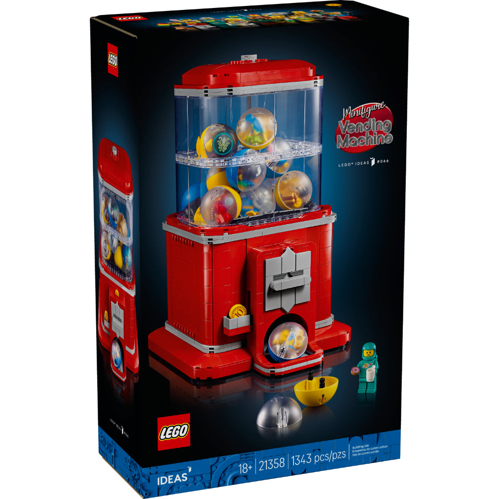 Caja del set LEGO® Ideas Máquina Expendedora de Minifiguras (21358) que muestra una máquina expendedora clásica de estilo retro con mecanismo funcional. Incluye cápsulas con minifiguras coleccionables inspiradas en temas LEGO clásicos como Castle, Paradisa y Fabuland®, con 1343 piezas ideales para construir y exhibir.