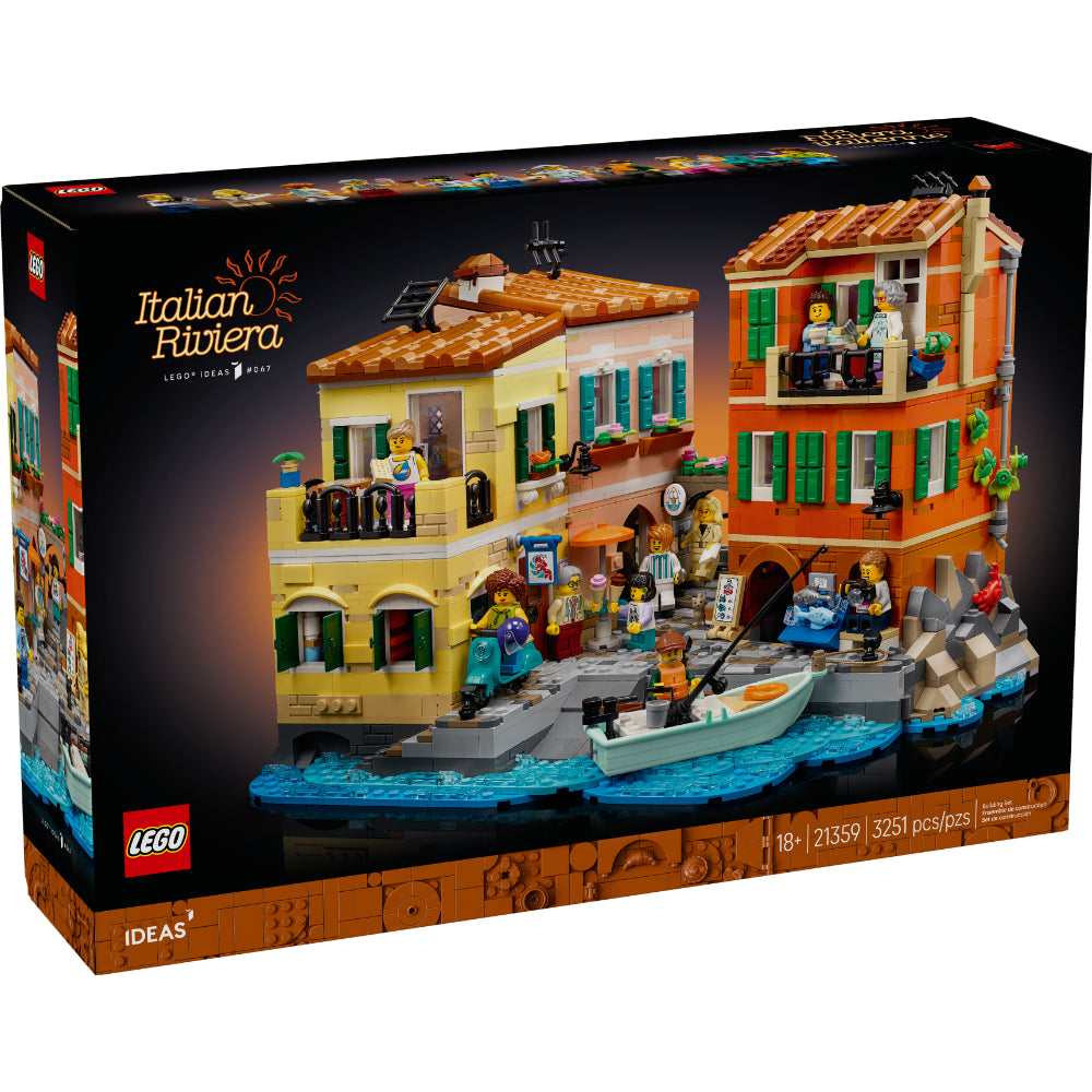 Caja del set LEGO® Ideas Riviera Italiana (21359) que muestra un pintoresco pueblo pesquero inspirado en la región de Liguria, con coloridos edificios, una heladería, un mercado de pescado, una tienda de buceo y un pescador en su barco. Incluye 10 minifiguras LEGO y detalles arquitectónicos típicos del Mediterráneo.