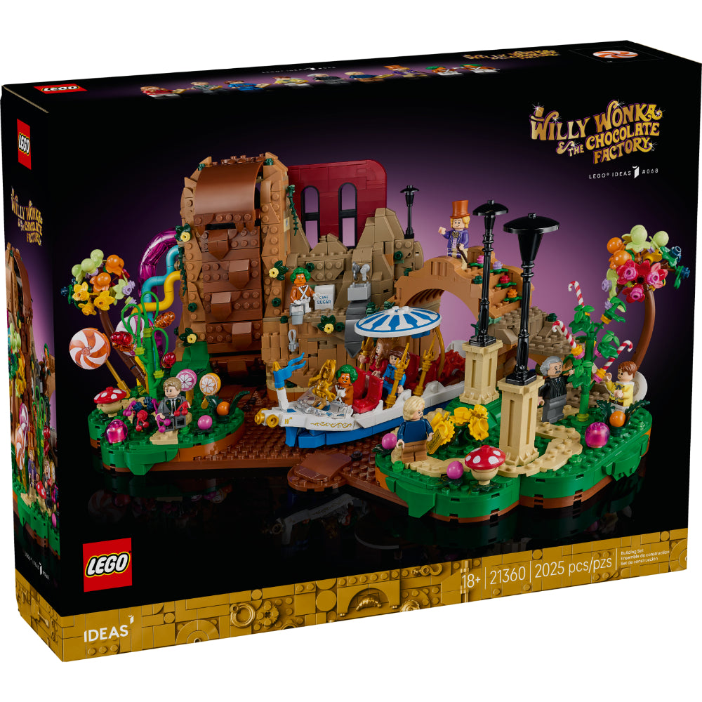 Caja del set LEGO® Ideas Willy Wonka y la Fábrica de Chocolate (21360) que muestra la colorida fábrica con su cascada de chocolate, el barco Wonkatania y las minifiguras de Willy Wonka, Charlie Bucket, el abuelo Joe, Veruca Salt, Violet Beauregarde, Augustus Gloop, Mike Teavee y dos Oompa Loompas.