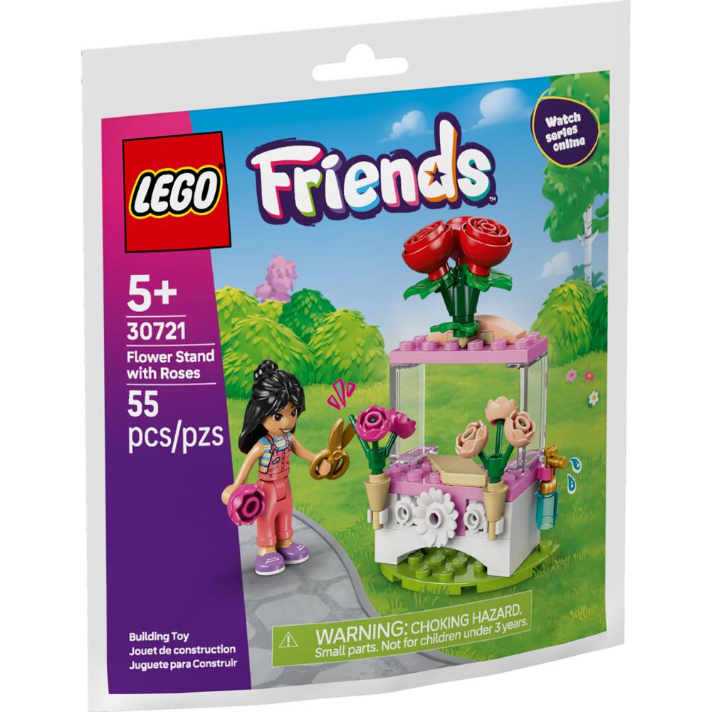 Set LEGO® con minipersonaje Liann preparando ramos de rosas en un puesto de flores construible