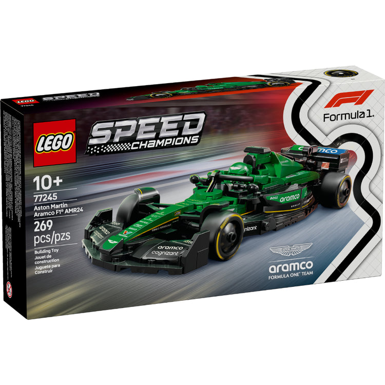 Caja del set LEGO® Speed Champions Aston Martin Aramco F1® AMR24 (77245) que muestra el monoplaza verde del equipo Aston Martin Aramco de la temporada 2024 de Fórmula 1. El modelo incluye detalles auténticos como el halo móvil, alerón trasero, suspensión de doble horquilla, calcomanías de los patrocinadores y llantas traseras con la inscripción Pirelli. También incorpora una minifigura de un piloto con traje de competencia del equipo Aston Martin Aramco F1® y casco con alas. 