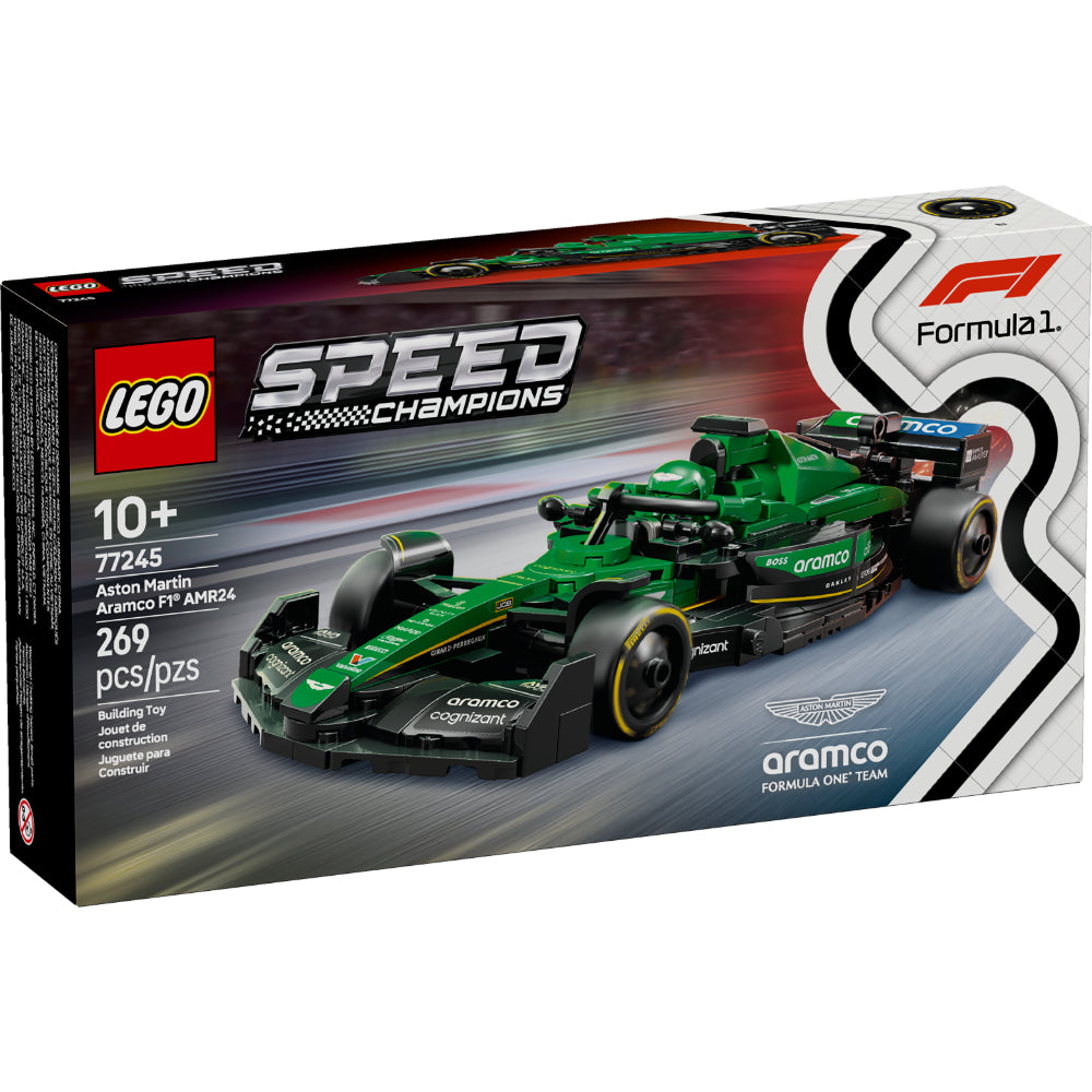 Caja del set LEGO® Speed Champions Aston Martin Aramco F1® AMR24 (77245) que muestra el monoplaza verde del equipo Aston Martin Aramco de la temporada 2024 de Fórmula 1. El modelo incluye detalles auténticos como el halo móvil, alerón trasero, suspensión de doble horquilla, calcomanías de los patrocinadores y llantas traseras con la inscripción Pirelli. También incorpora una minifigura de un piloto con traje de competencia del equipo Aston Martin Aramco F1® y casco con alas. 