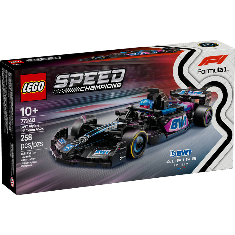 Caja del set LEGO® Speed Champions BWT Alpine F1® Team A524 (77248), con el monoplaza azul y rosa del equipo Alpine y una minifigura de piloto con casco.