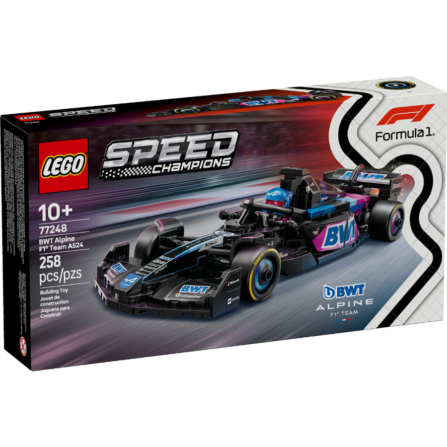 Caja del set LEGO® Speed Champions BWT Alpine F1® Team A524 (77248), con el monoplaza azul y rosa del equipo Alpine y una minifigura de piloto con casco.