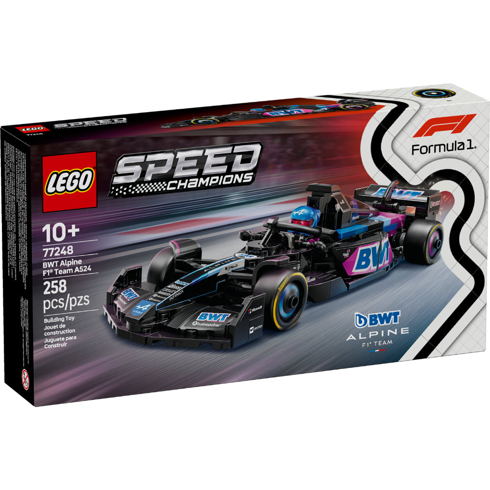 Caja del set LEGO® Speed Champions BWT Alpine F1® Team A524 (77248), con el monoplaza azul y rosa del equipo Alpine y una minifigura de piloto con casco.