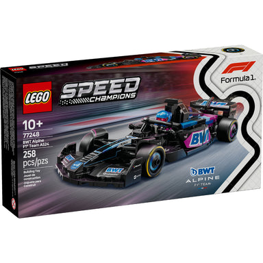 Caja del set LEGO® Speed Champions BWT Alpine F1® Team A524 (77248), con el monoplaza azul y rosa del equipo Alpine y una minifigura de piloto con casco.