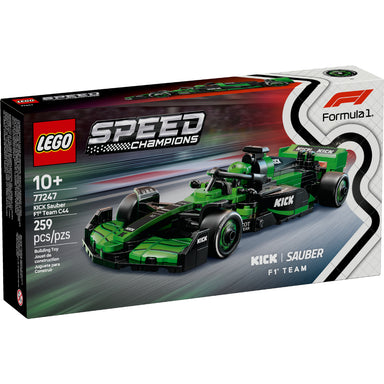 Caja del set LEGO® Speed Champions KICK Sauber F1® Team C44 (77247), con el monoplaza negro y verde del equipo Sauber y una minifigura de piloto con casco.