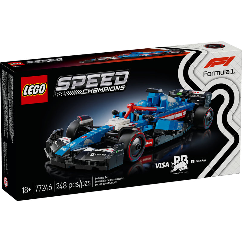 Caja del set LEGO® Speed Champions RB VCARB 01 F1® (77246), con el auto de carreras azul y blanco de la escudería RB y una minifigura de piloto con casco.