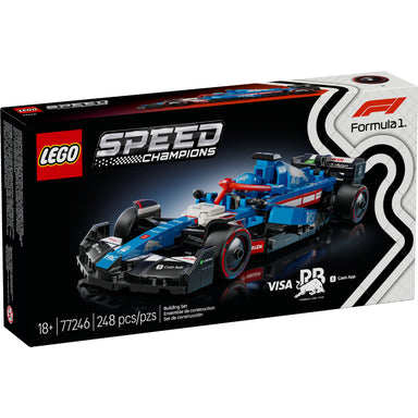 Caja del set LEGO® Speed Champions RB VCARB 01 F1® (77246), con el auto de carreras azul y blanco de la escudería RB y una minifigura de piloto con casco.