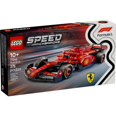 Caja del set LEGO® Speed Champions Ferrari SF-24 F1® (77242), réplica del monoplaza de la temporada 2024 de Fórmula 1. El modelo incluye detalles realistas como alerón trasero, halo, calcomanías de patrocinadores y llantas Pirelli. Viene con una minifigura de piloto Ferrari con traje y casco con alas. Ideal para fans de la F1®, niños desde 10 años y coleccionistas de autos LEGO®.