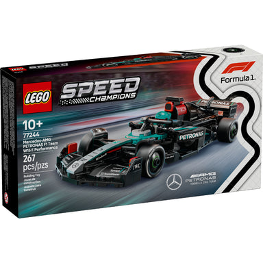 Caja del set LEGO® Speed Champions Mercedes-AMG PETRONAS F1® Team (77244), que muestra el monoplaza plateado y verde del equipo Mercedes-AMG PETRONAS de la temporada 2024 de Fórmula 1. Incluye detalles realistas como el alerón trasero, el halo móvil, la suspensión de doble horquilla, las calcomanías de patrocinadores y las llantas traseras con la inscripción “Pirelli”. Contiene una minifigura del piloto con traje de competencia Mercedes-AMG y casco con alas. Ideal para construir, jugar o exhibir como pieza.