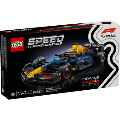 Caja del set LEGO® Speed Champions Oracle Red Bull Racing RB20 F1® (77243). Este modelo para adultos reproduce con precisión el monoplaza del equipo Red Bull que compitió en la temporada 2024 de Fórmula 1. Incluye detalles realistas como el alerón trasero, el halo abatible, la suspensión de doble horquilla, calcomanías de patrocinadores y llantas traseras anchas con la inscripción Pirelli. Viene con una minifigura del piloto Red Bull con traje de competencia y casco con alas. Ideal para fans de la F1®, co