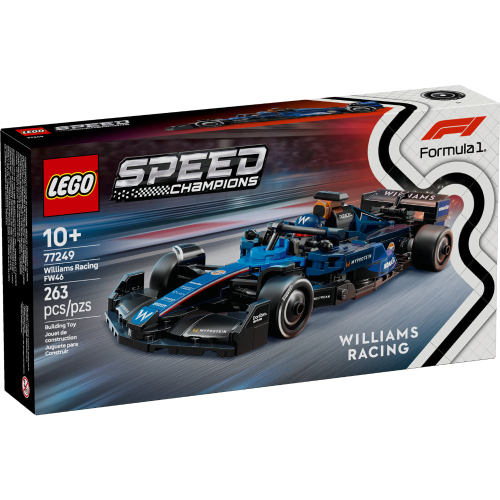 Caja del set LEGO® Speed Champions Williams Racing FW46 F1® (77249), con el monoplaza azul del equipo Williams Racing de la temporada 2024 de Fórmula 1. El modelo incluye detalles auténticos como el halo móvil, alerón trasero, suspensión de doble horquilla, calcomanías de los patrocinadores y llantas traseras más anchas con la inscripción Pirelli. Incluye además una minifigura de un piloto con traje de competencia de Williams Racing y casco con alas. 