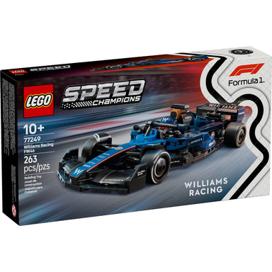 Caja del set LEGO® Speed Champions Williams Racing FW46 F1® (77249), con el monoplaza azul del equipo Williams Racing de la temporada 2024 de Fórmula 1. El modelo incluye detalles auténticos como el halo móvil, alerón trasero, suspensión de doble horquilla, calcomanías de los patrocinadores y llantas traseras más anchas con la inscripción Pirelli. Incluye además una minifigura de un piloto con traje de competencia de Williams Racing y casco con alas. 