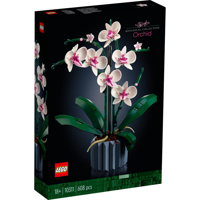 Set LEGO® Botanicals Orquídea (10311) con flores blancas y rosas, hojas realistas y maceta azul, ideal para decoración del hogar u oficina.