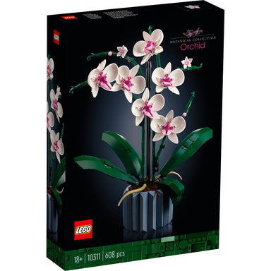 Set LEGO® Botanicals Orquídea (10311) con flores blancas y rosas, hojas realistas y maceta azul, ideal para decoración del hogar u oficina.