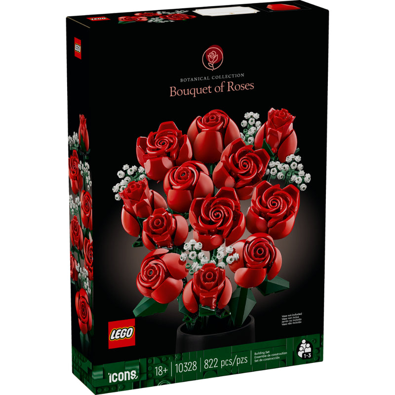 LEGO® Icons Ramo de Rosas con rosas rojas en distintas etapas de floración y tallos verdes