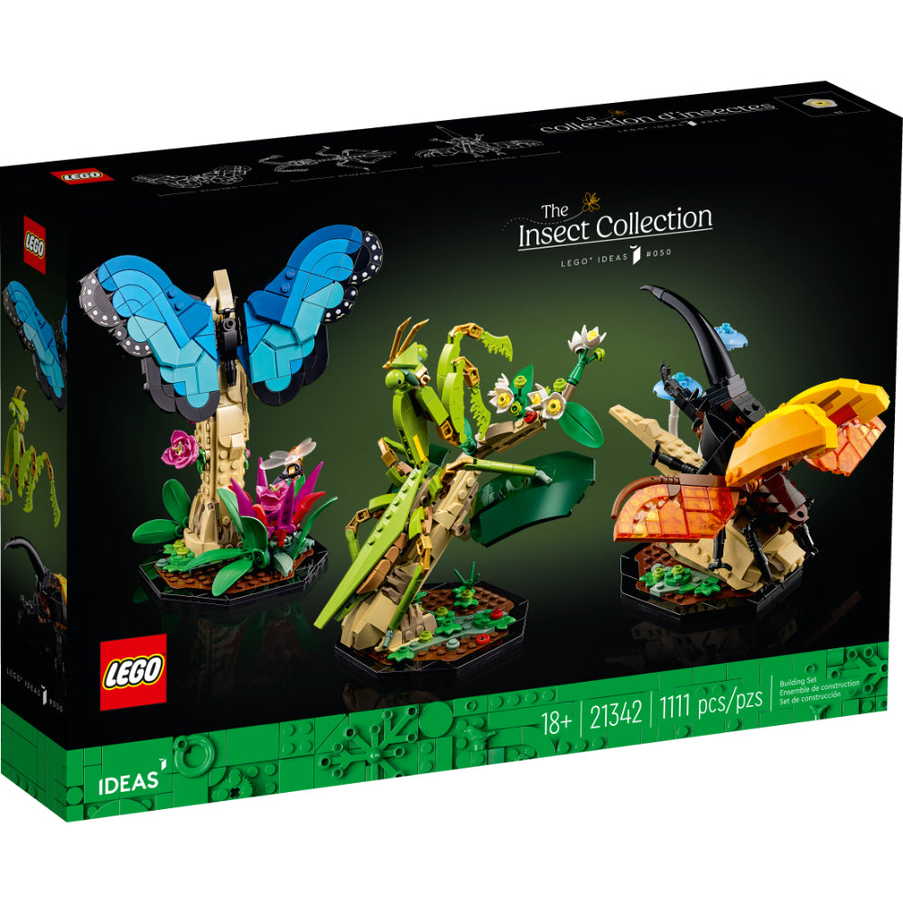 Caja del set LEGO® Ideas Colección de Insectos (21342) con modelos articulados a escala natural: mariposa morfo azul (con flor y abeja), escarabajo hércules (con cuernos y alas) y mantis china (con mariquita). Set de exhibición para adultos de 1111 piezas.
