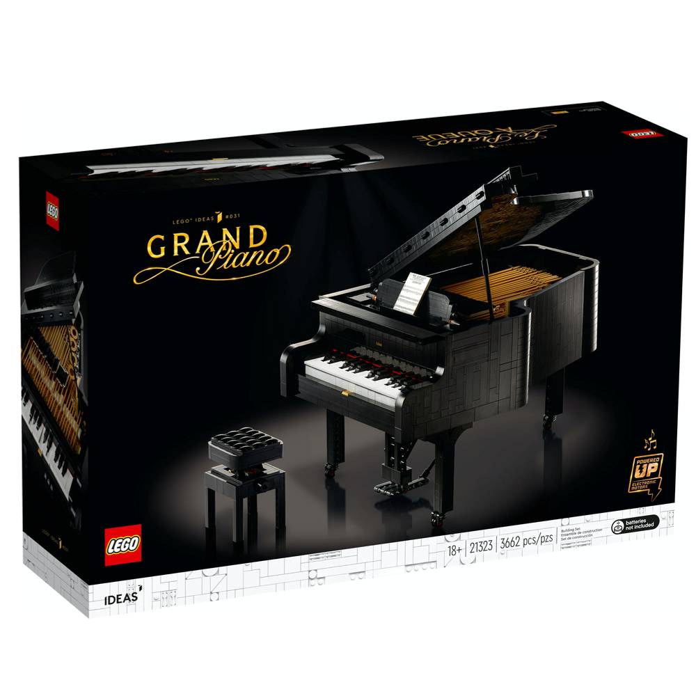 Caja del set LEGO® Ideas El Gran Piano de Cola (21323), maqueta realista de un piano de concierto con teclado funcional, pedal móvil y tapa superior ajustable. Incluye banqueta regulable y se conecta a la app LEGO® Powered Up para tocar música manual o en modo automático. Set de 3662 piezas ideal para músicos y adultos creativos.