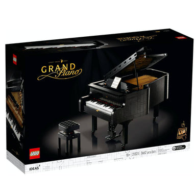 Caja del set LEGO® Ideas El Gran Piano de Cola (21323), maqueta realista de un piano de concierto con teclado funcional, pedal móvil y tapa superior ajustable. Incluye banqueta regulable y se conecta a la app LEGO® Powered Up para tocar música manual o en modo automático. Set de 3662 piezas ideal para músicos y adultos creativos.