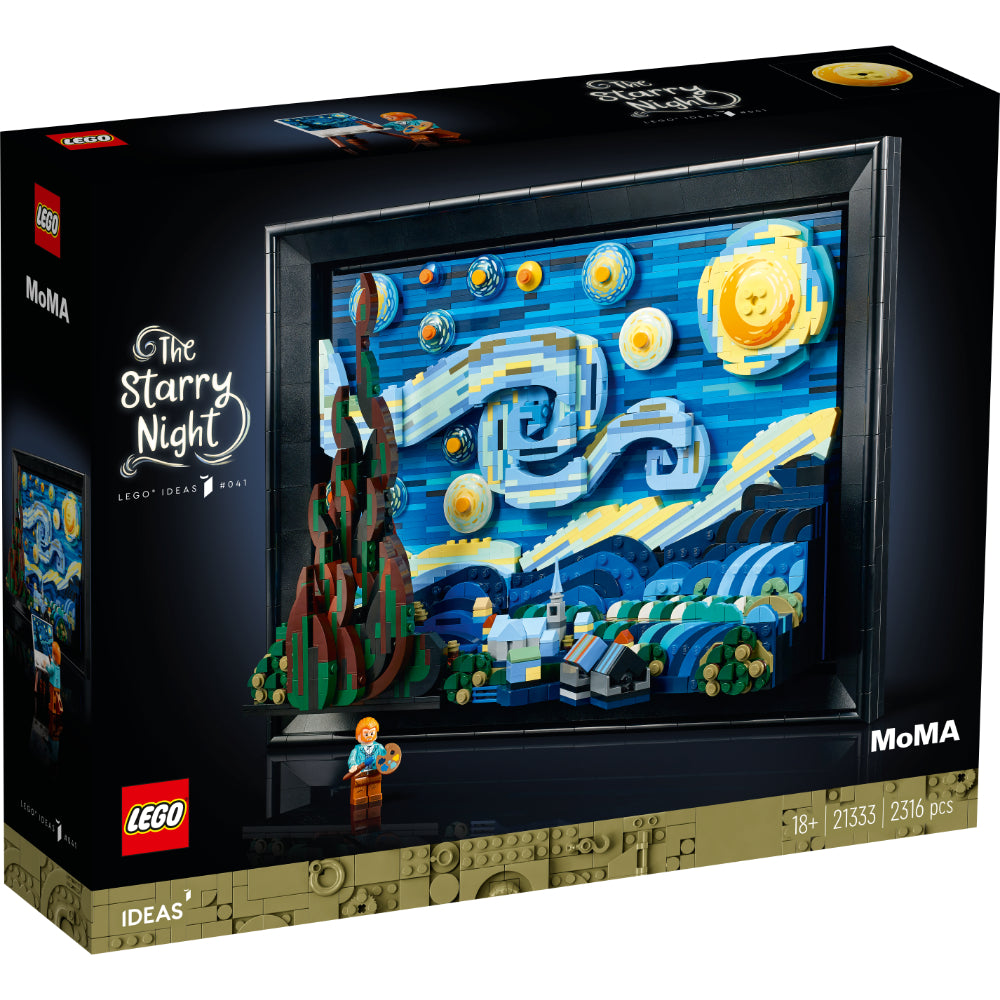 Caja del set LEGO® Ideas La Noche Estrellada (21333), recreación tridimensional del famoso cuadro de Vincent van Gogh con pinceladas en relieve, luna y estrellas giratorias. Incluye minifigura del artista con caballete, pincel y paleta, más soporte para exhibición en pared o mesa. Set coleccionable para adultos de 2316 piezas.