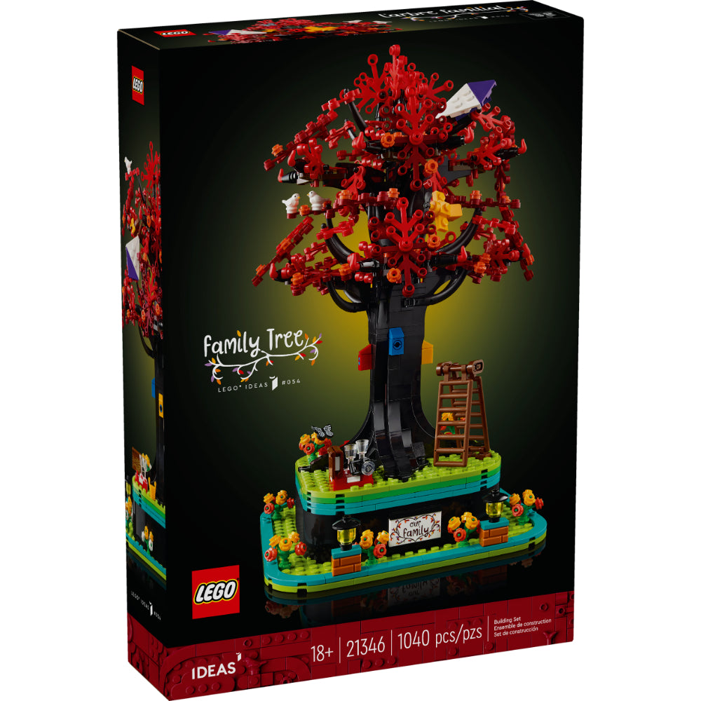 Caja del set LEGO® Ideas Árbol de la Familia (21346): árbol genealógico construible con 16 colgadores para fotos y notas, base con compartimiento de almacenamiento, hojas de distintas estaciones, accesorios (pajareras, aves, cometa, avión) y placa “Our Family”. Modelo ornamental para adultos de 1040 piezas.