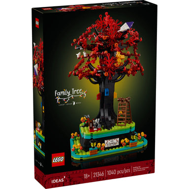 Caja del set LEGO® Ideas Árbol de la Familia (21346): árbol genealógico construible con 16 colgadores para fotos y notas, base con compartimiento de almacenamiento, hojas de distintas estaciones, accesorios (pajareras, aves, cometa, avión) y placa “Our Family”. Modelo ornamental para adultos de 1040 piezas.
